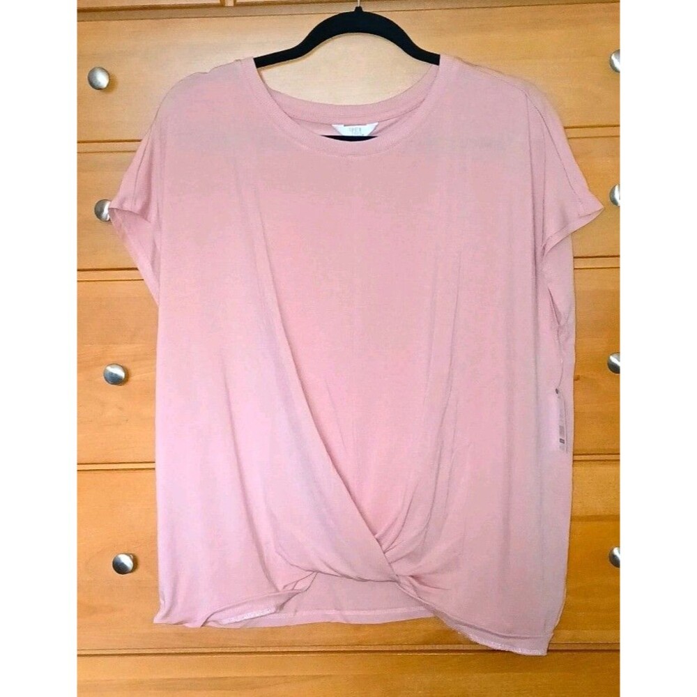 NWT Time and Tru Womens XL Solid Pink Twist Front Cap Sleeve Stretch Tee Top